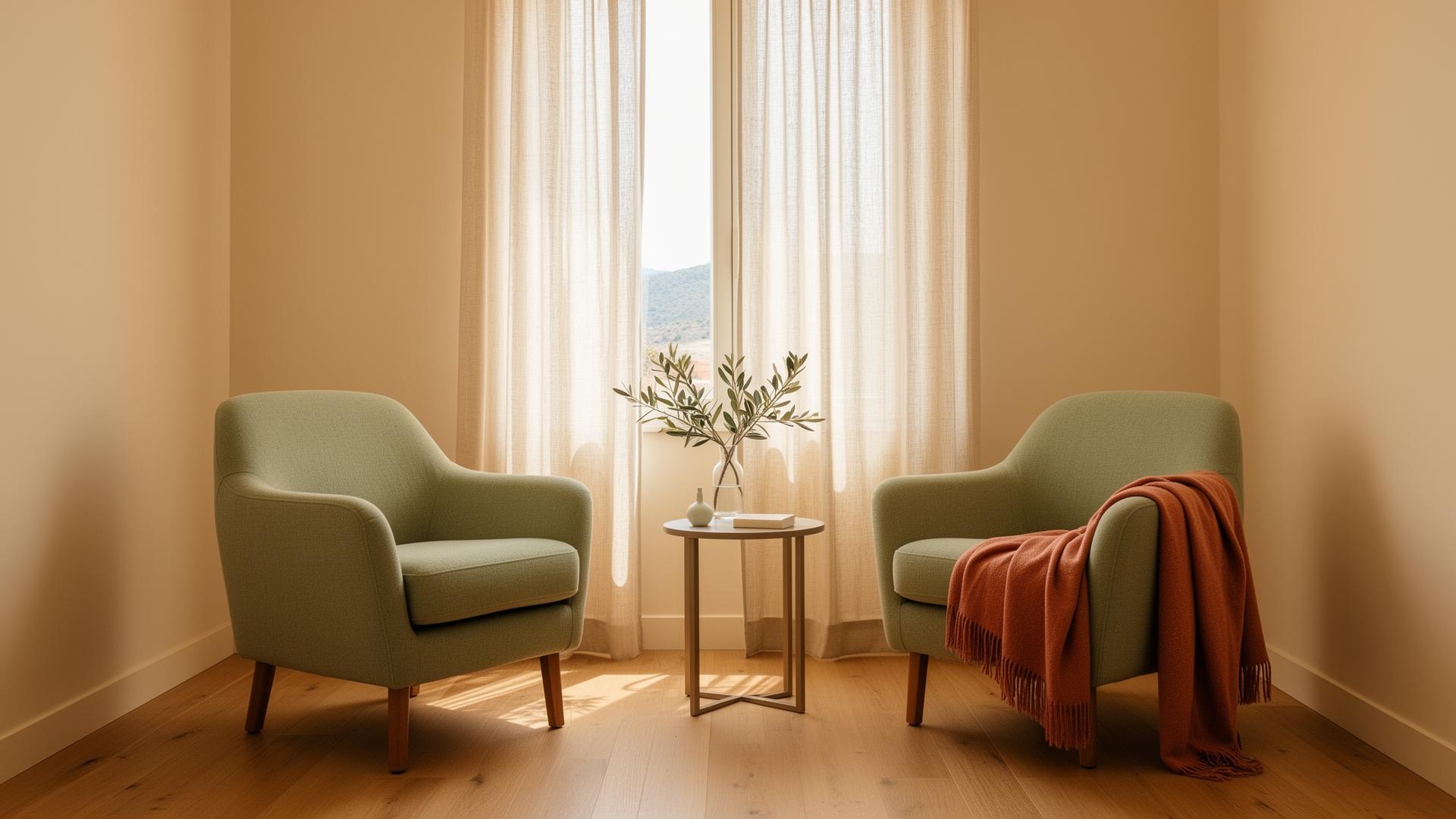 Espacio de consulta sereno con sillones verdes y luz natural